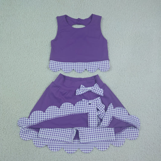 Baby Girls Kids Scallop Shirt Purple Plaid Bows Skirt Shorts Set Yoga Active Clothes
