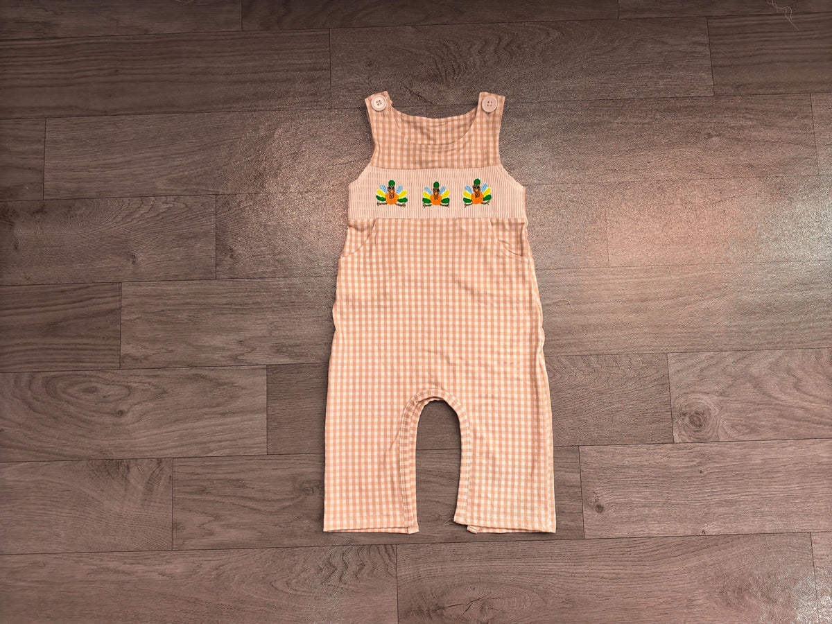 No moq Preorder Baby Boy Infant Embroidery turkey Plaid Pockets Fall Romper