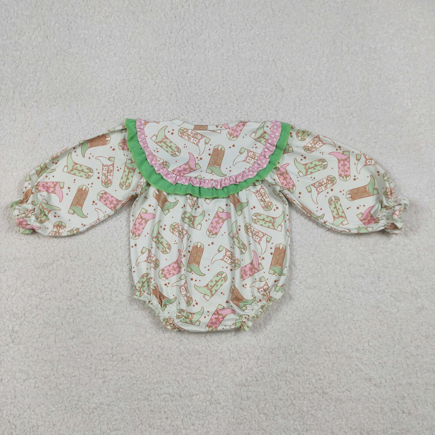 Baby Girls Long Sleeve Embroidery Howdy Boots Green Bubble Ruffle Romper