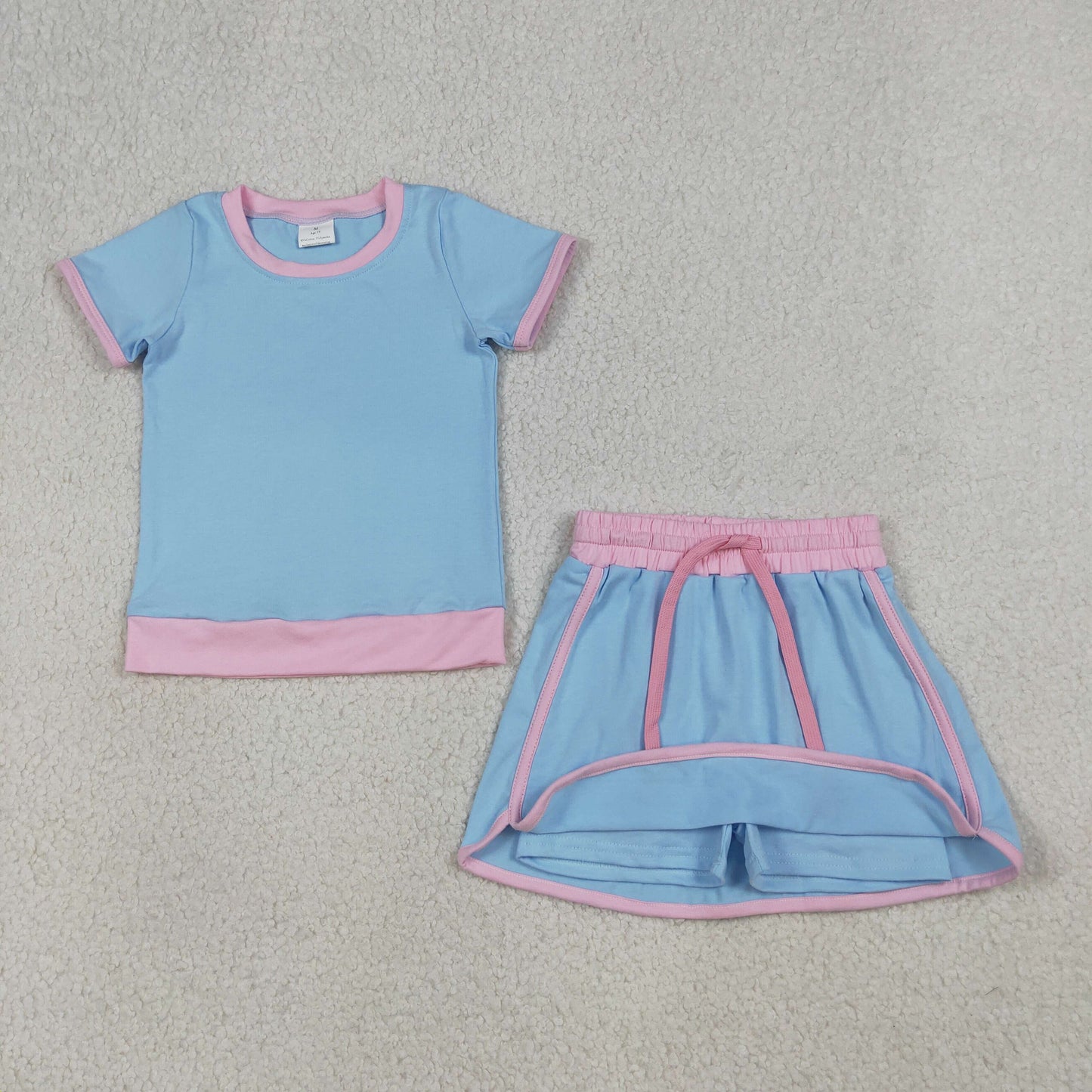 RTS Baby Girls Kids Short Sleeves Shirt Skirt Shorts Blue Cotton Clothes Set