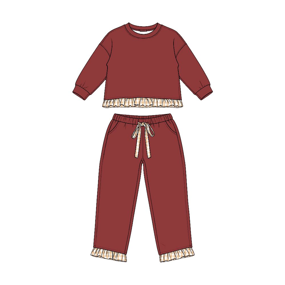 Moq 5 Preorder Baby Girls Kids Long Sleeves Dark Red Shirt Pockets Pants Set Sweatsuit Clothes