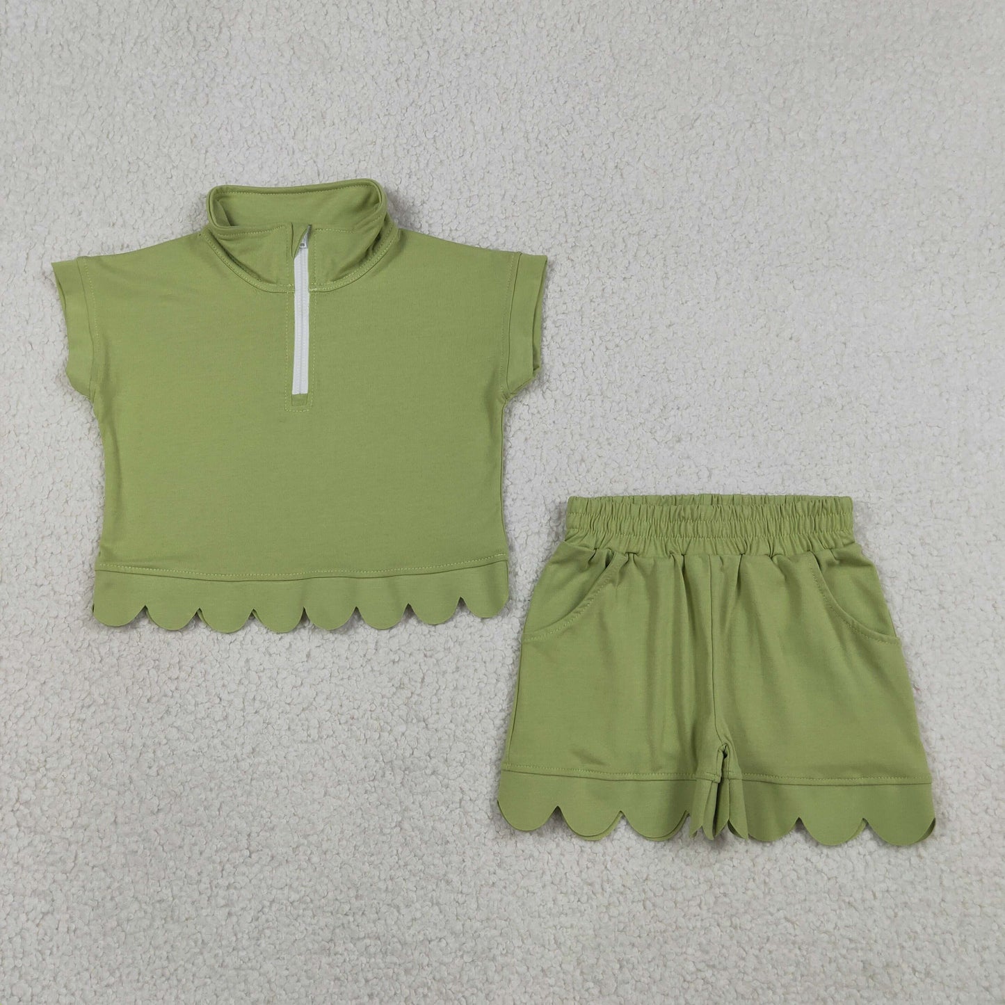 Baby Girls Kids Green Short Sleeves Zipper Pullover Scallop Shorts Set Clothes