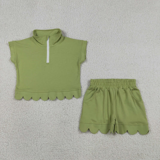 Baby Girls Kids Green Short Sleeves Zipper Pullover Scallop Shorts Set Clothes