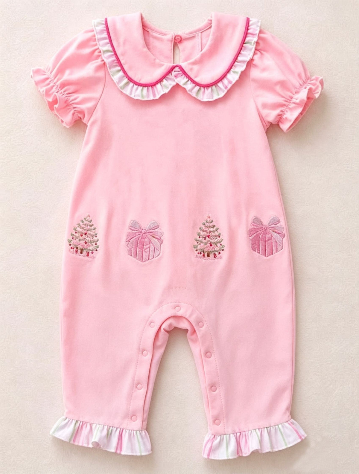 Moq 5 Preorder Baby Girls Infant Short Sleeves Christmas Tree Romper Pink Clothes