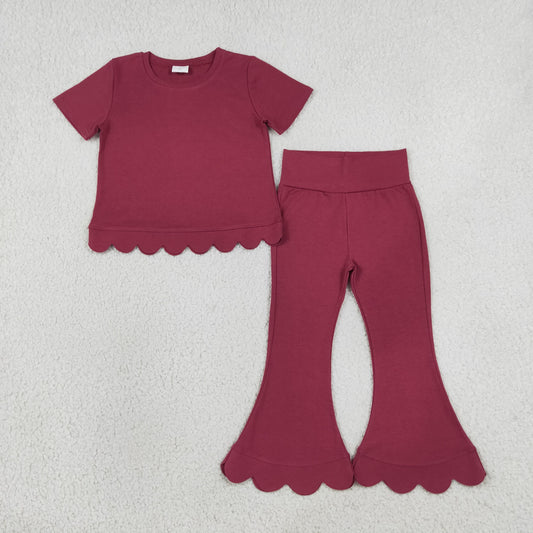 Baby Girls Kids Short Sleeves Dark Red Shirt Pants Scallop Set Clothes