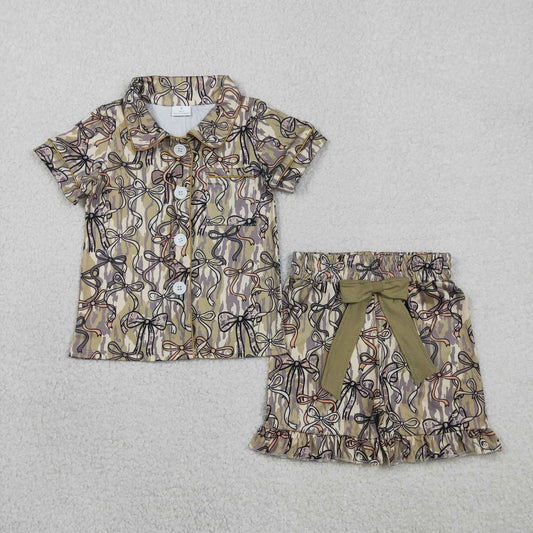 RTS Sibling Baby Girls Adult Women Short Sleeves Camo Bows Romper Dress Pajamas Sets