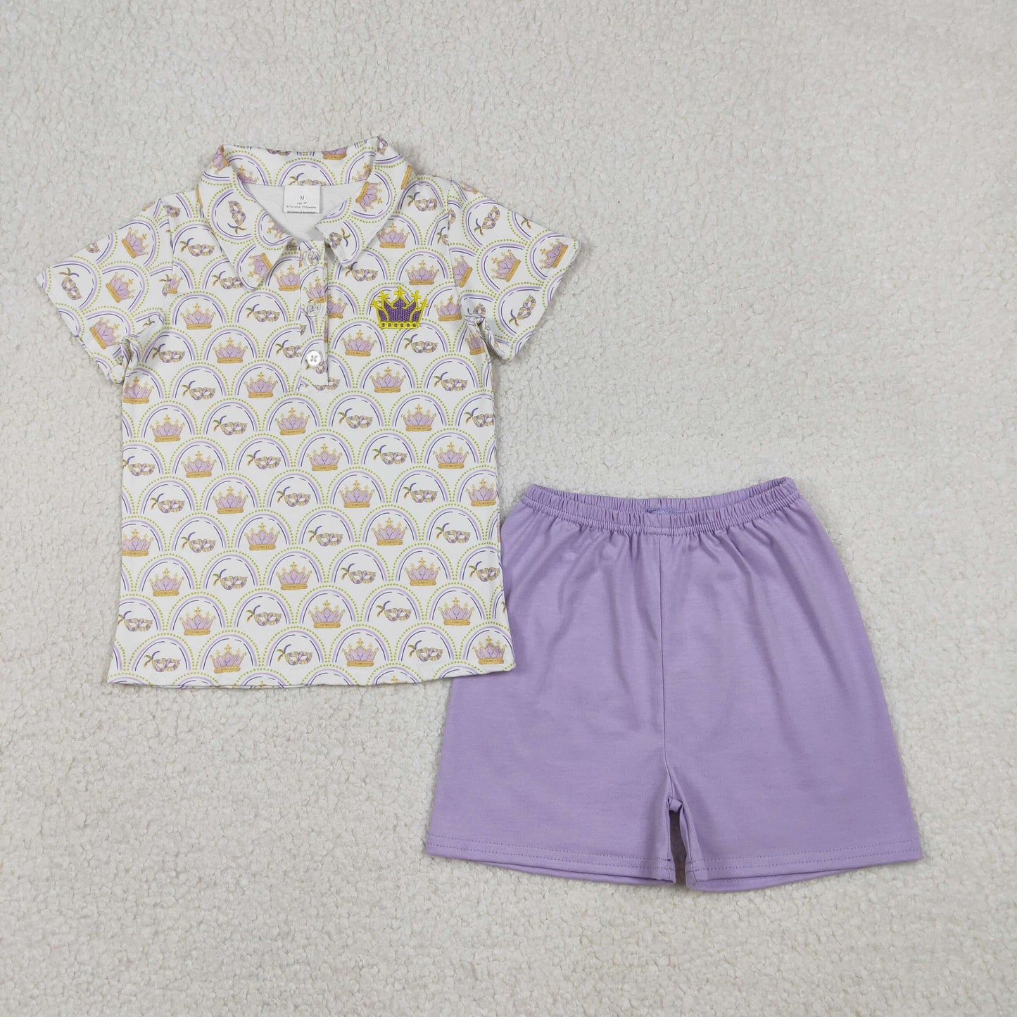 Baby Boys Kids Short Sleeves Embroidery Masks Polo Shirt Purple Shorts Mardi Gras Set