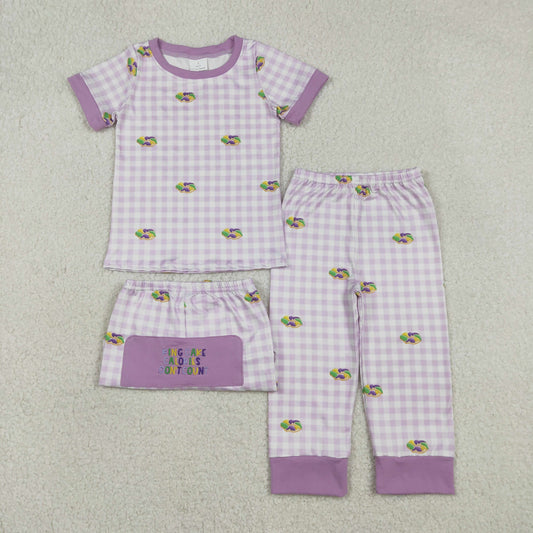 Baby Boys Donuts Shirt Purple Plaid Embroidery Pants Pajamas Mardi Gras Set