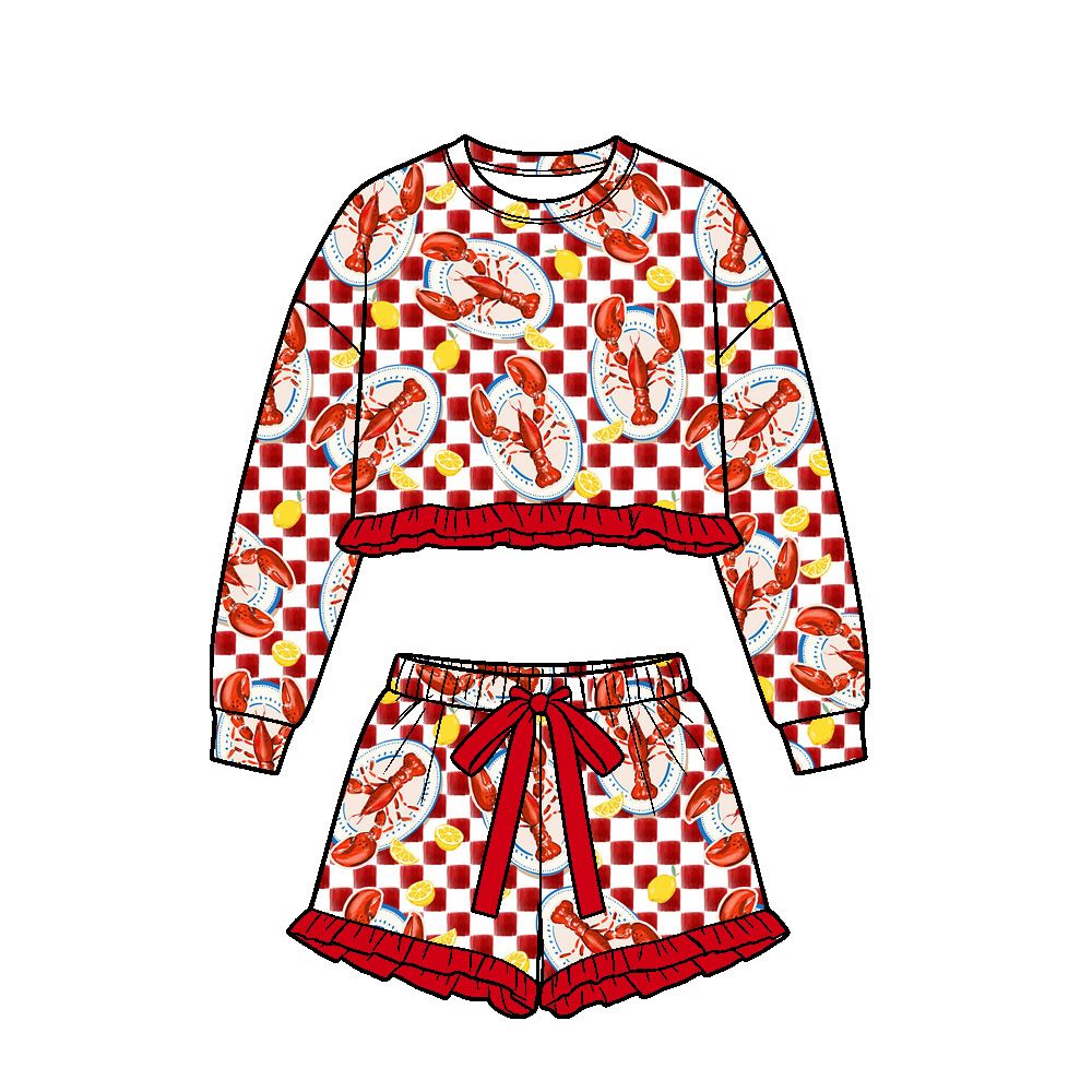 Moq 5 Preorder Baby Girls Kids Long Sleeves Crayfish Red Checked Shirt Shorts Set Clothes