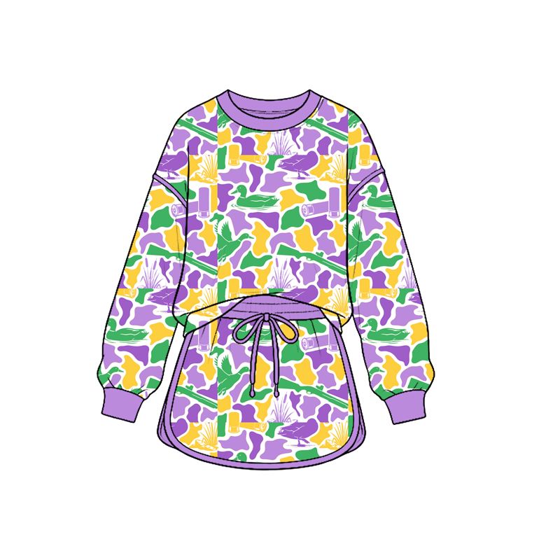 Moq 5 Preorder Baby Girls Kids Long Sleeves Shirt Deer Camo Skirt Shorts Mardi Gras Set