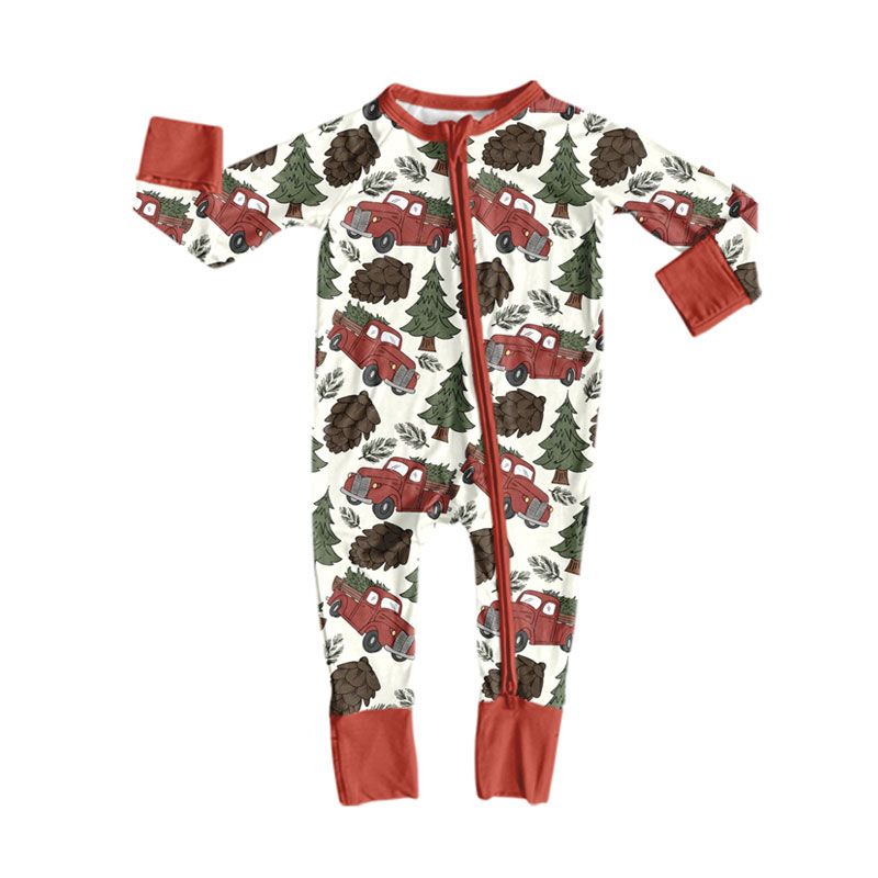Moq 5 Preorder Baby Kids Christmas Tree Trucks Zipper Sleeper Footie Romper Clothes
