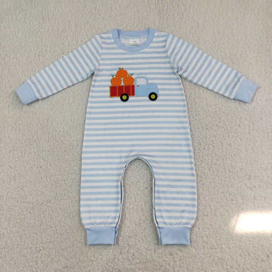 Baby Boy Infant Embroidery Pumpkins Truck Stripes Romper Fall Clothes