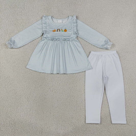 Baby Girls Kids Long Sleeves Embroidery turkey Pumpkins Tunic Pants Fall Set Clothes