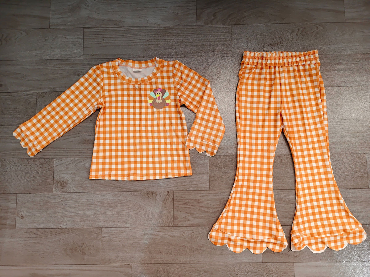 No moq Preorder Baby Girls Kids Embroidery turkey Scallop Tops Orange Plaid Pants Thanksgiving Set