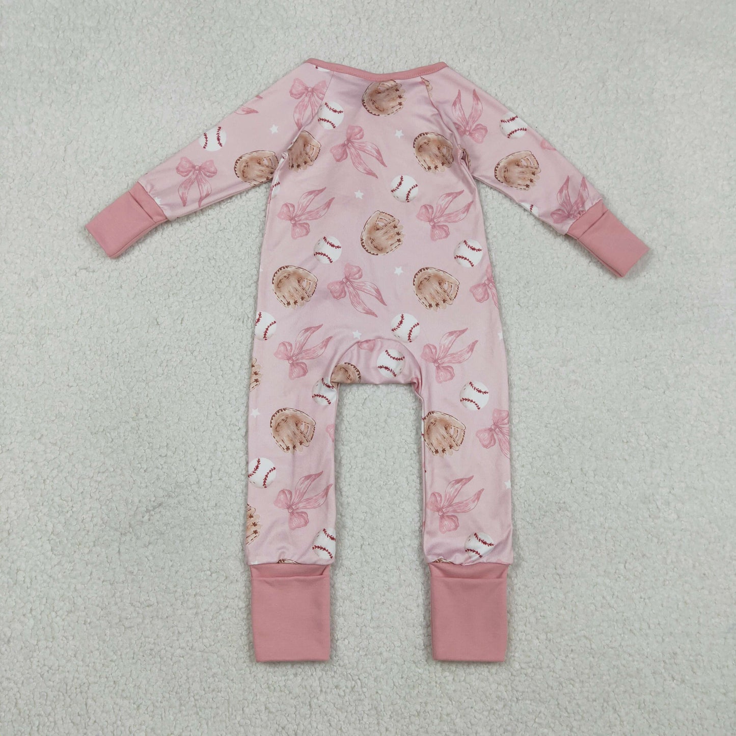 Baby Girls Long Sleeves Baseballs Bows Zipper Sleeper Pink Romper