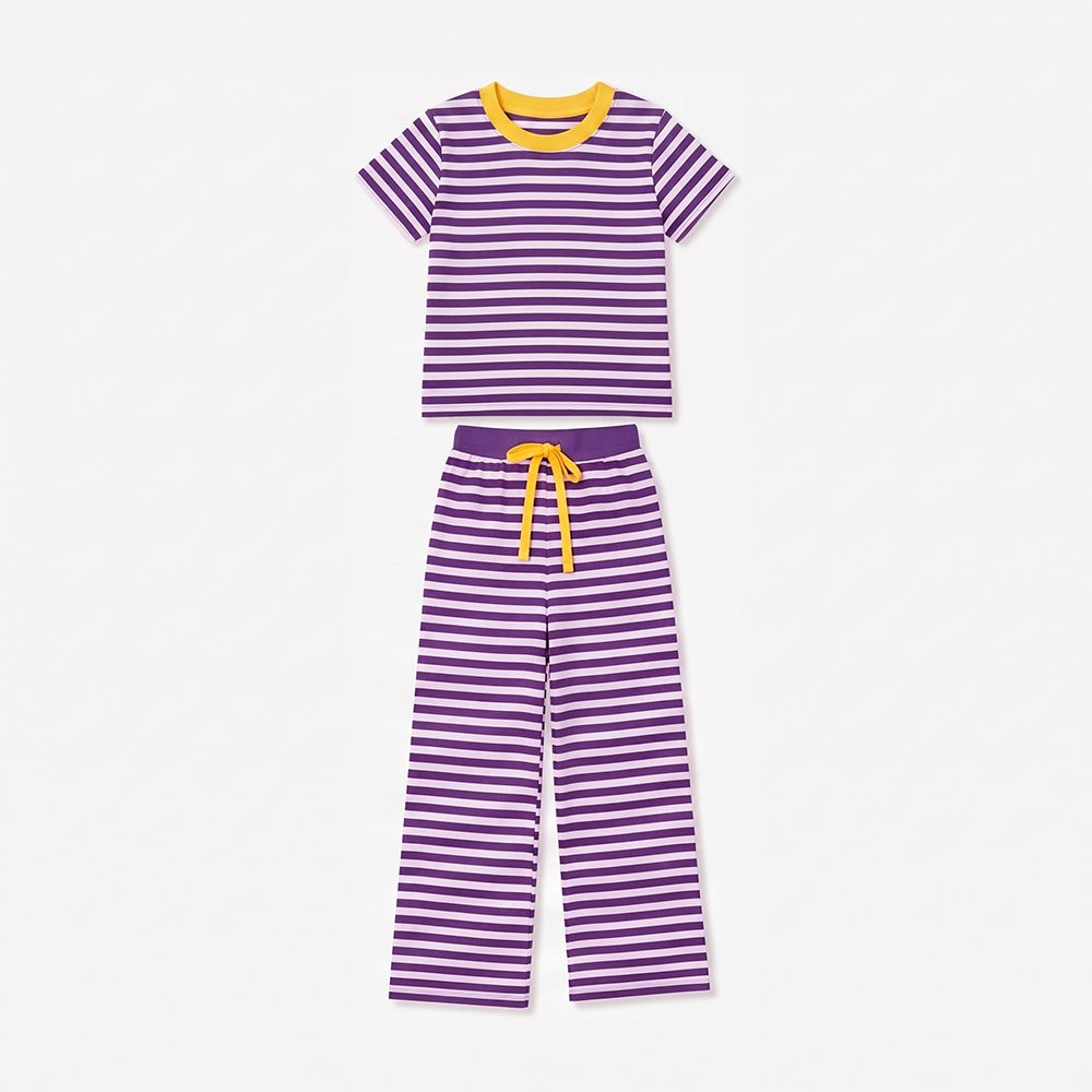Moq 5 Preorder Baby Girls Kids Short Sleeves Purple Stripes Shirt Pants Pajamas Set Clothes