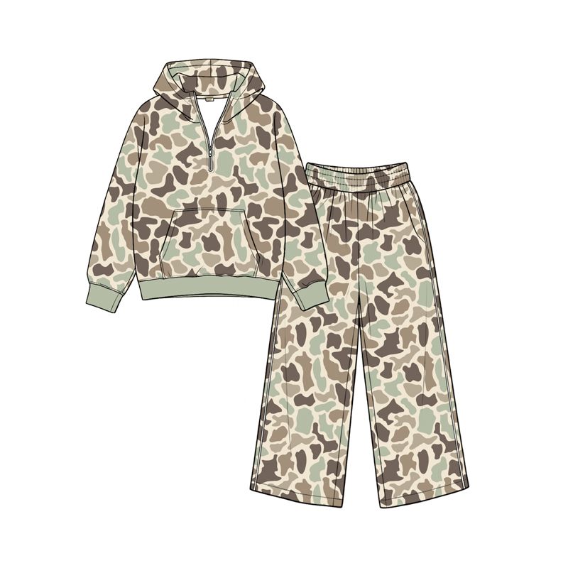 Moq 5 Preorder Baby Girls Kids Camo Hoodie Zipper Pullover Pockets Pants Set Clothes