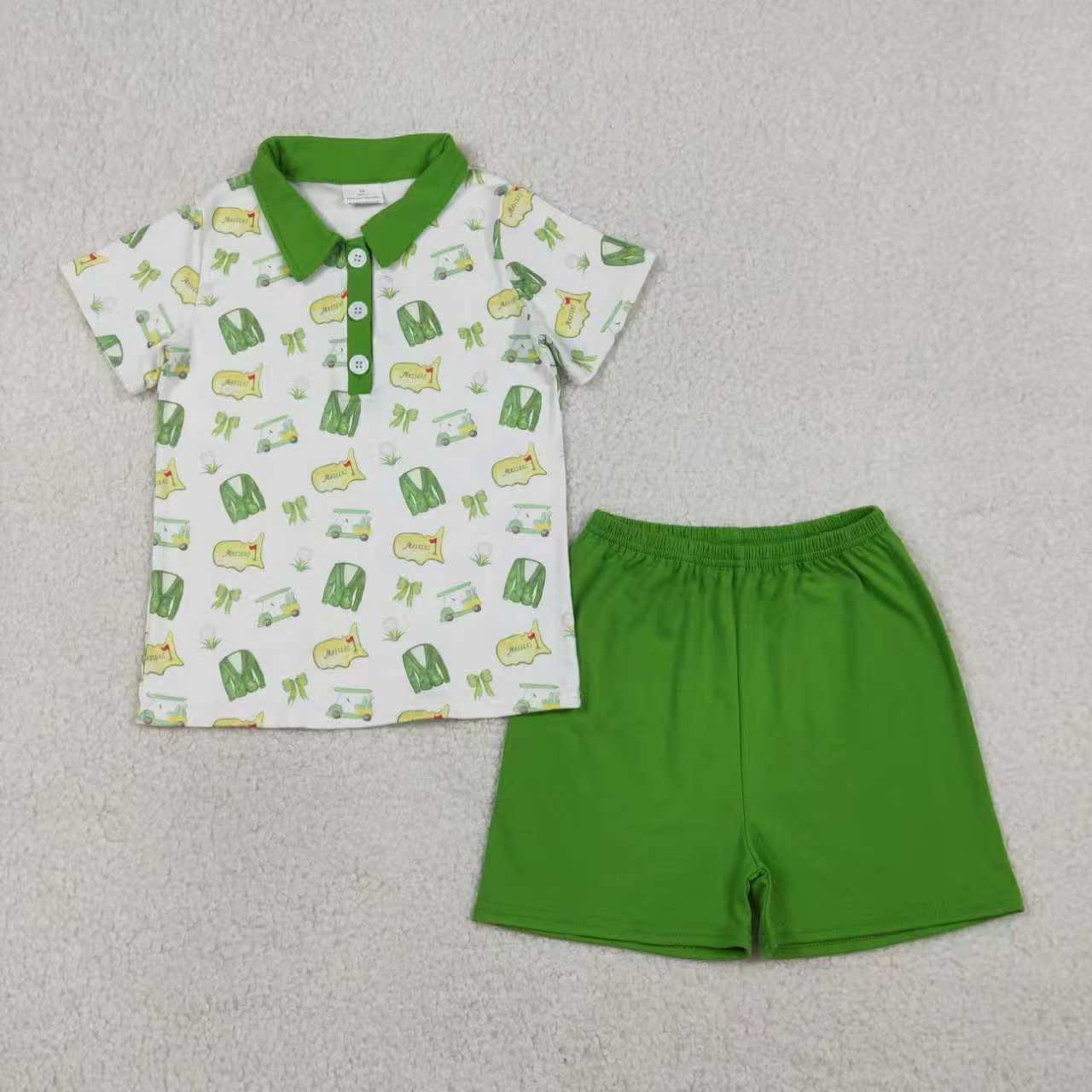 RTS Sibling Baby Boys Girls Short Sleeves Golf Buttons Green Knee Length Dress Set