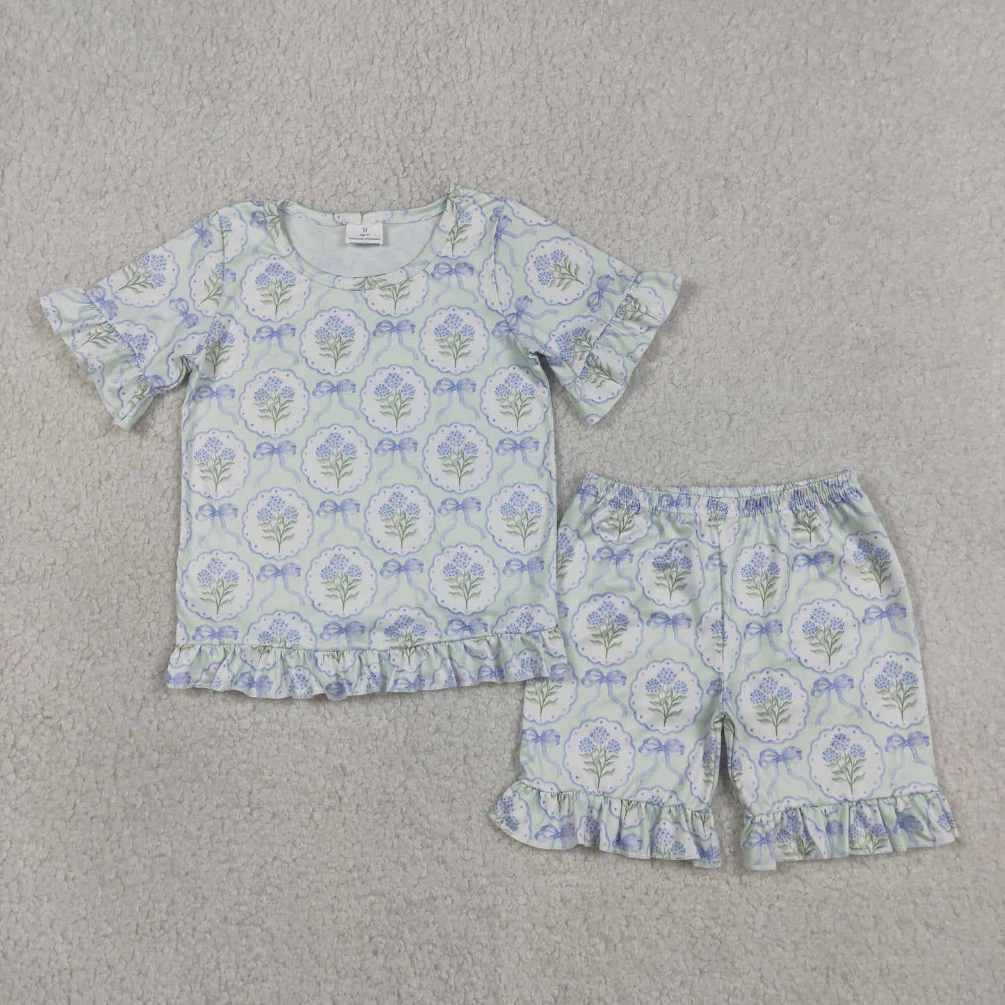 Baby Girls Kids Short Sleeves Blue Bows Flower Shirt Shorts Summer Clothes Set