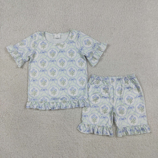 Baby Girls Kids Short Sleeves Blue Bows Flower Shirt Shorts Summer Clothes Set