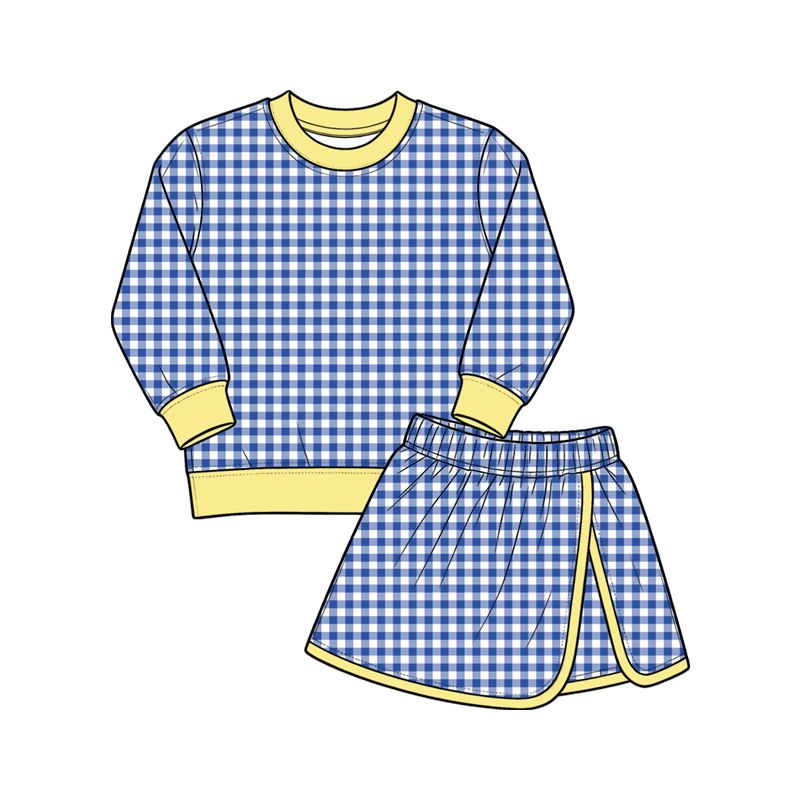 Moq 5 Preorder Baby Girls Kids Long Sleeves Blue Plaid Shirt Skirt Shorts Set Yoga Active Clothes