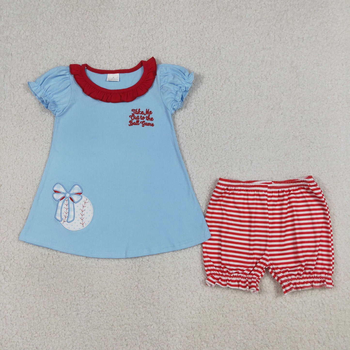 RTS Baby Girls Kids Embroidery Baseball Bows Blue Tops Stripes Shorts Summer Set