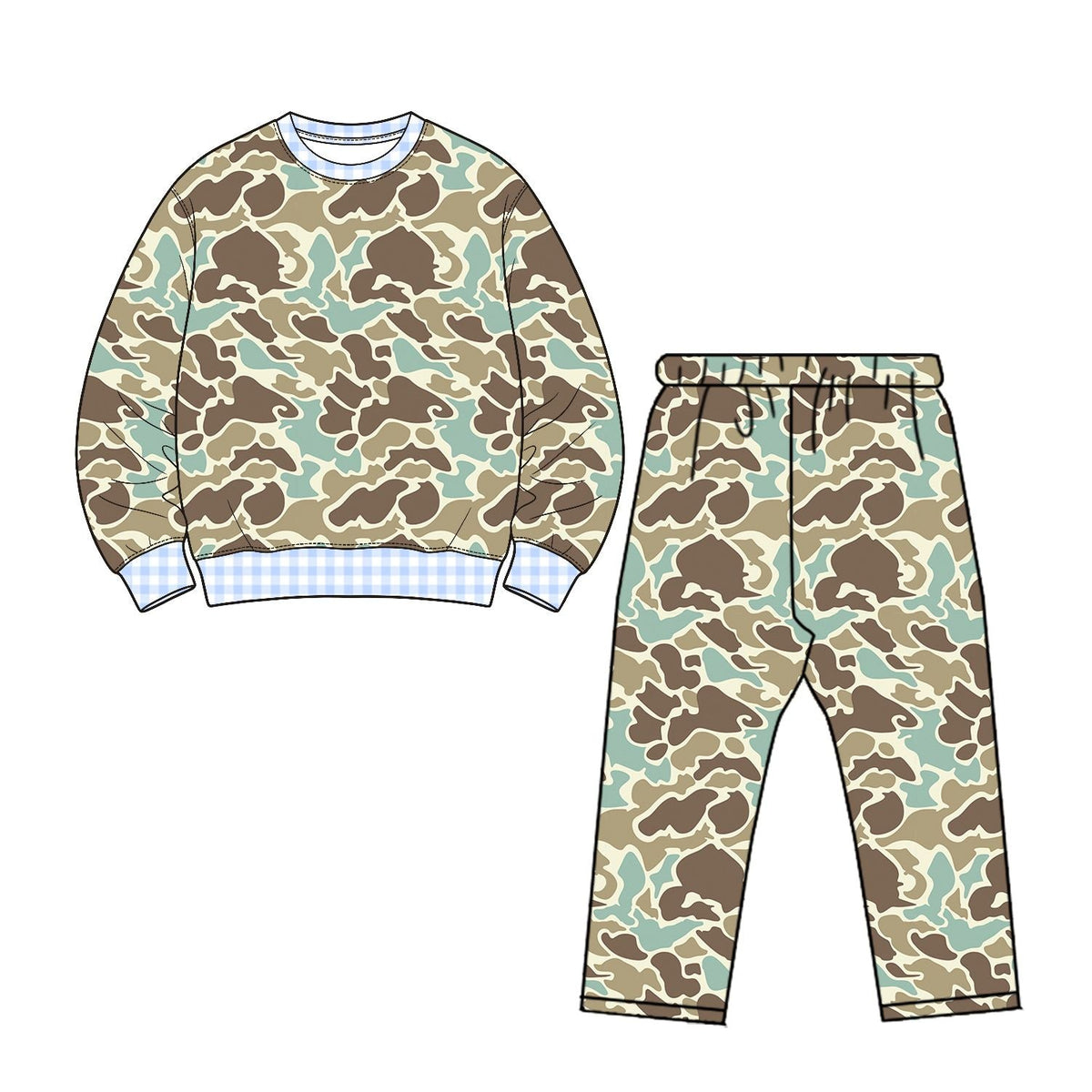 Moq 5 Preorder Baby Boys Kids Long Sleeves Plaid Pullover Camo Pants Set Clothes