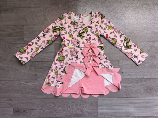 No moq Preorder Baby Girls Kids Christmas Green Face Bows Scallop Dress Yoga Active Clothes