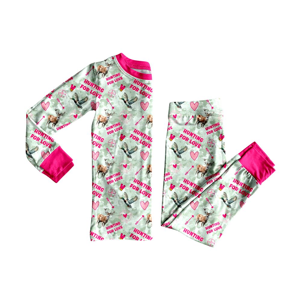 Moq 5 Preorder Baby Girls Kids Deer Ducks Scallop Shirt Pants Hunting Set Valentine Pajamas Clothes