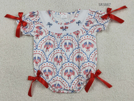 RTS Baby Girls Short Sleeves Embroidery Flags Bows Stars 4th of July Bubble Romper