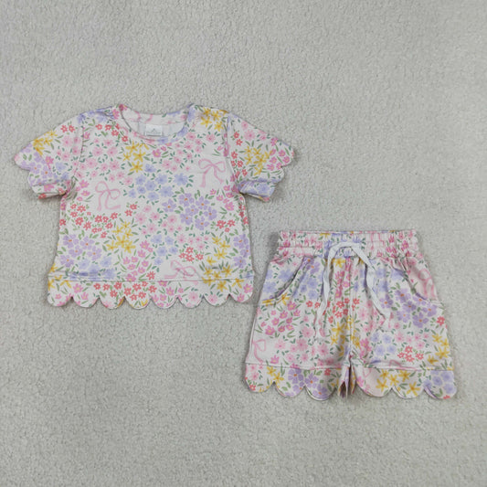 Baby Girls Kids Short Sleeves Bows Floral Shirt Scallop Shorts Summer Set
