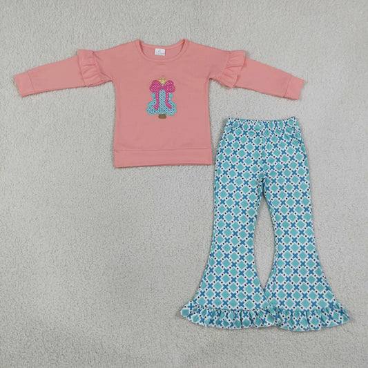 Baby Girls Kids Embroidery Christmas Tree Bows Tunic Plaid Pants Set Clothes
