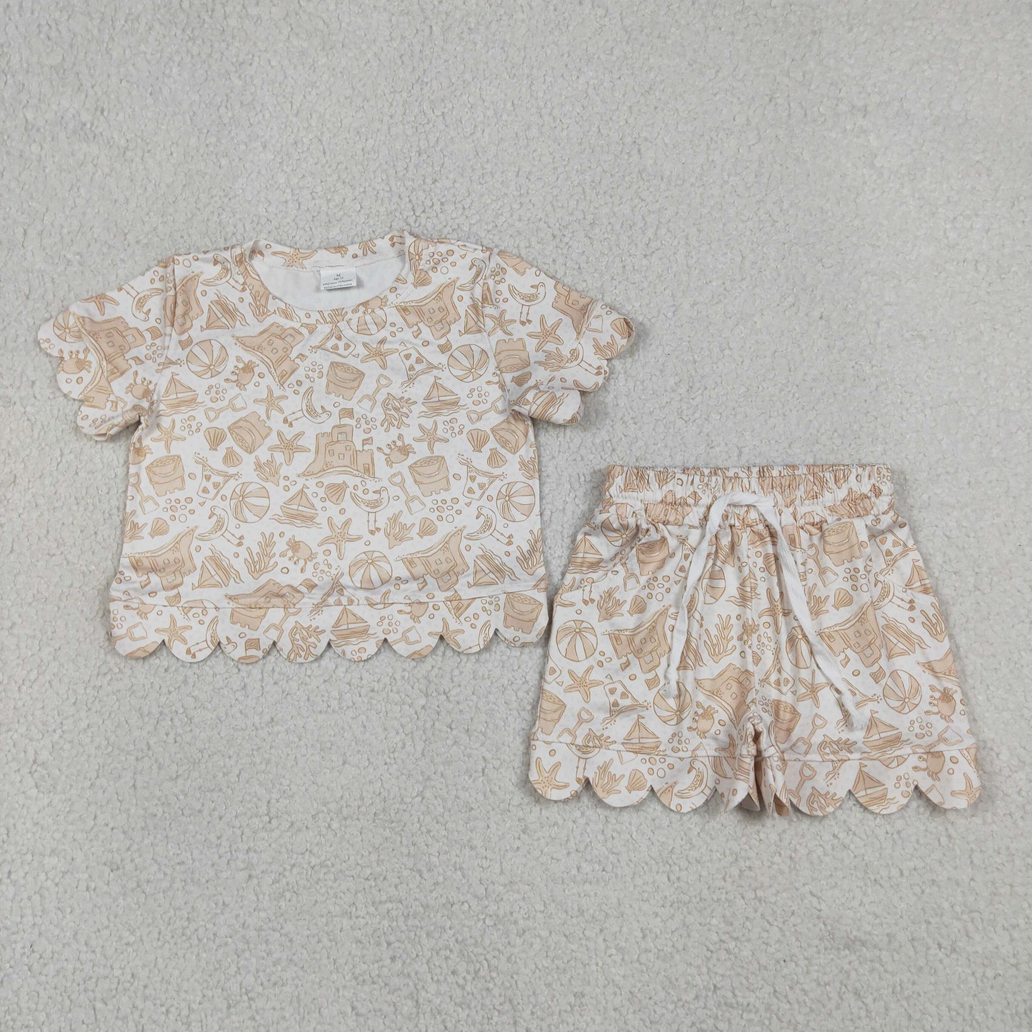 Baby Girls Kids Short Sleeves Beach Shirt Scallop Shorts Set Clothes