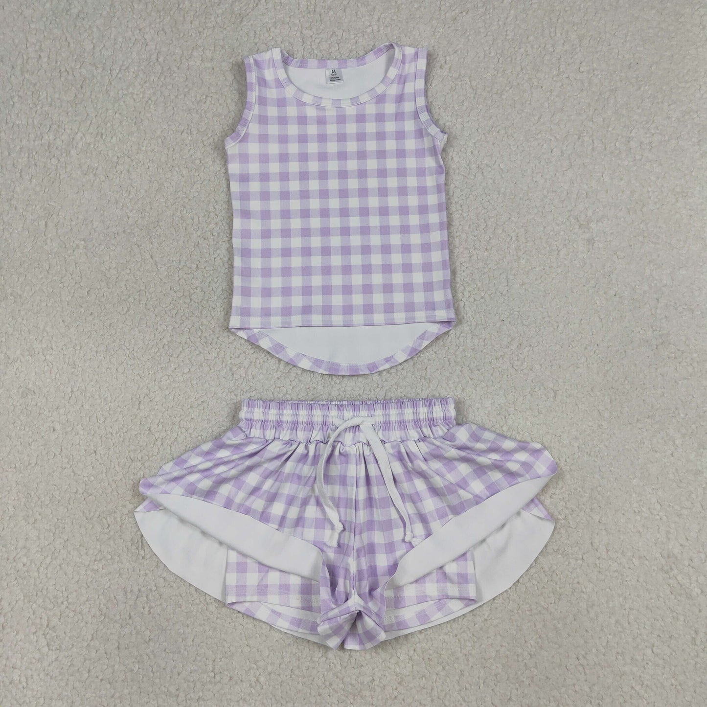 RTS Baby Girls Kids Sleeveless Lavender Plaid Tops Shorts Set Yoga Clothes