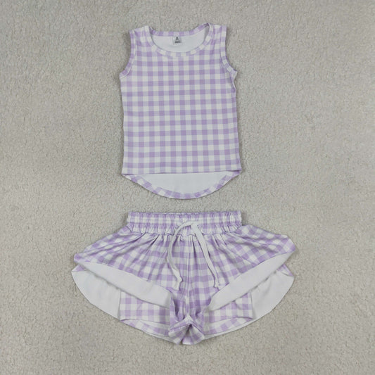 RTS Baby Girls Kids Sleeveless Lavender Plaid Tops Shorts Set Yoga Clothes