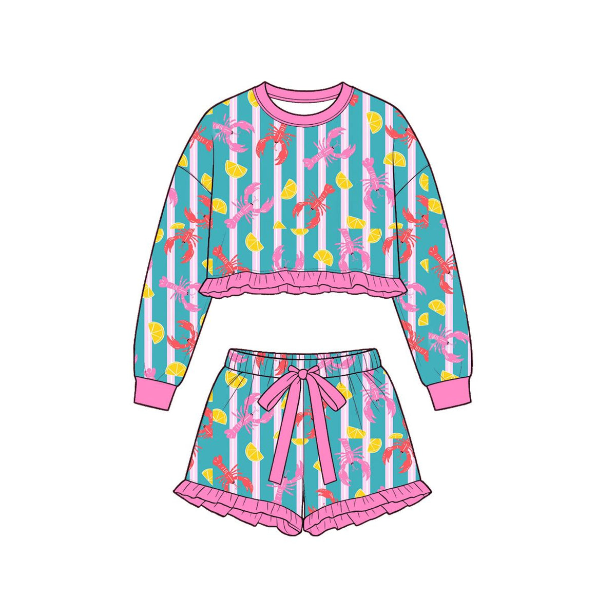 Moq 5 Preorder Baby Girls Kids Long Sleeves Crayfish Stripes Shirt Shorts Set Clothes
