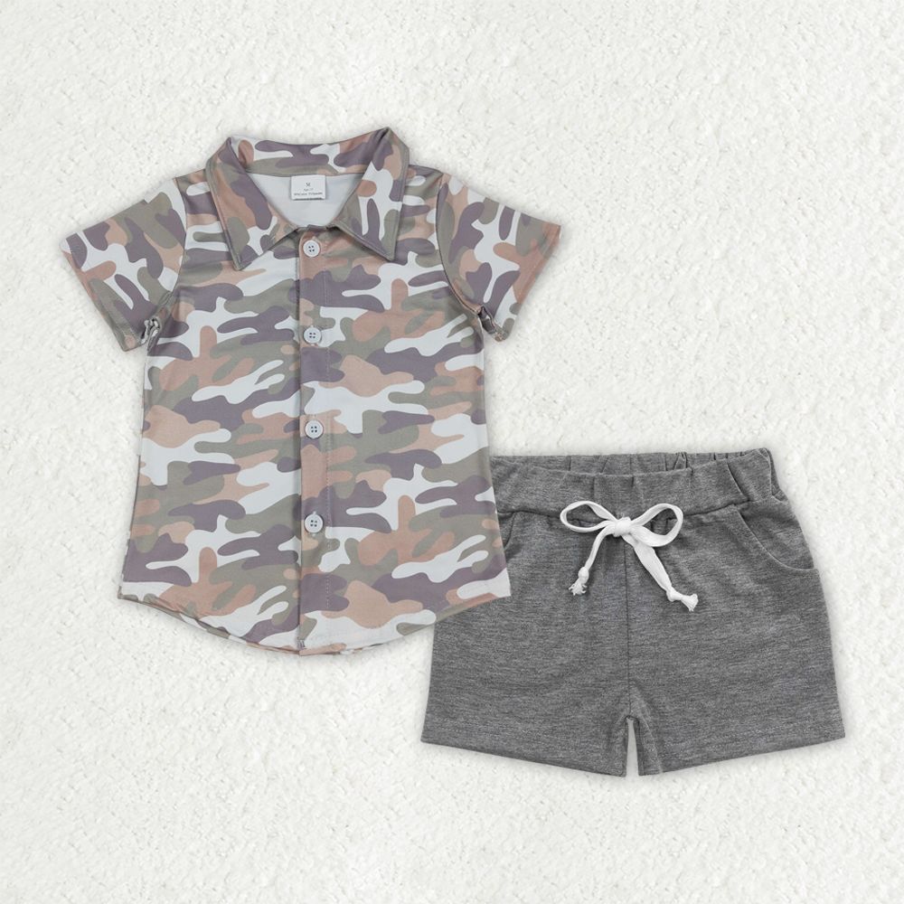 Baby Boys Kids Camo Short Sleeves Buttons Shirt Grey Pockets Shorts Clothes Set
