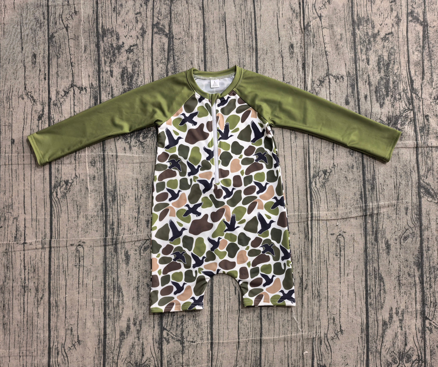 Preorder Baby Boys Long Sleeves Ducks Green Camo Zipper One-piece Swimsuit