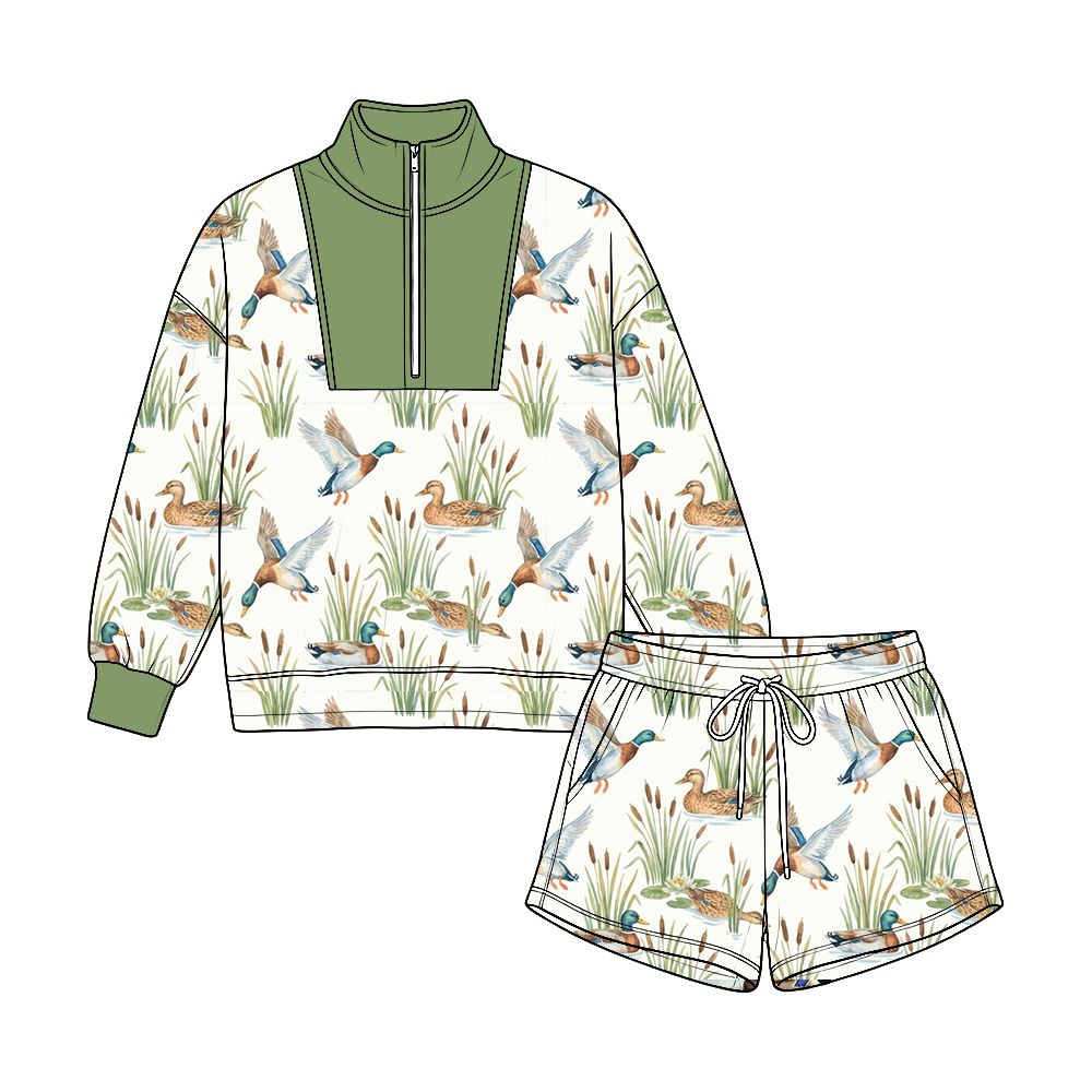 Moq 5 Preorder Baby Boys Long Sleeves Zipper Pullover Pockets Shorts Set Ducks Clothes