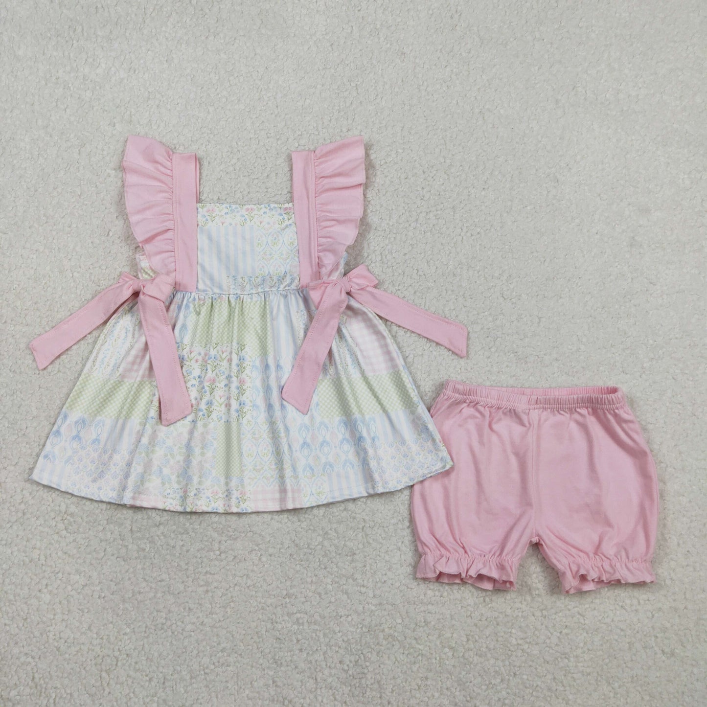 RTS Baby Girls Short Sleeves Floral Bows Tunic Pink Shorts Clothes Set