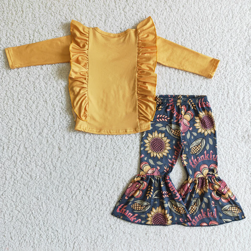 Promotion Baby Girl turkey Ruffle Tops Sunflower Pants Fall Outfit