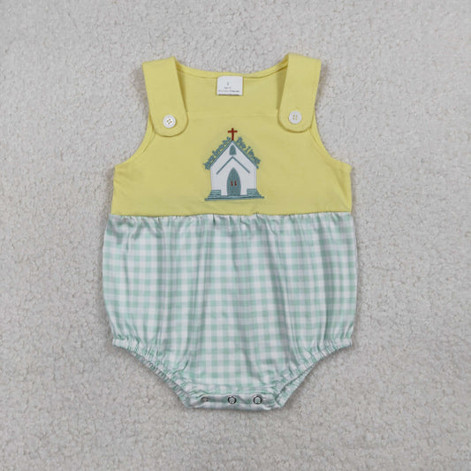 RTS Baby Girls Infant Sleeveless Embroidery Cross Jesus Plaid Easter Plaid Bubble Romper
