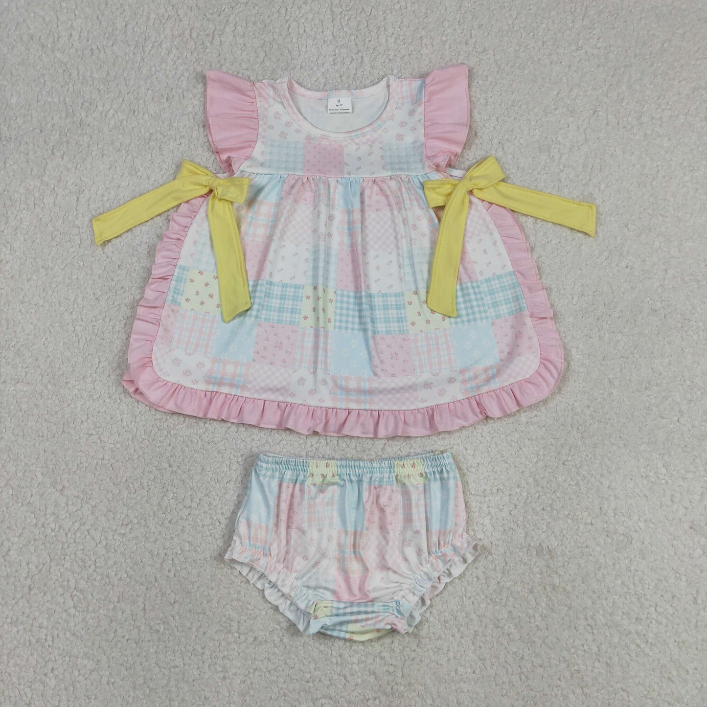 Baby Girls Kids Short Sleeves Flower Plaid Bows Tops Bummie Shorts Set Clothes