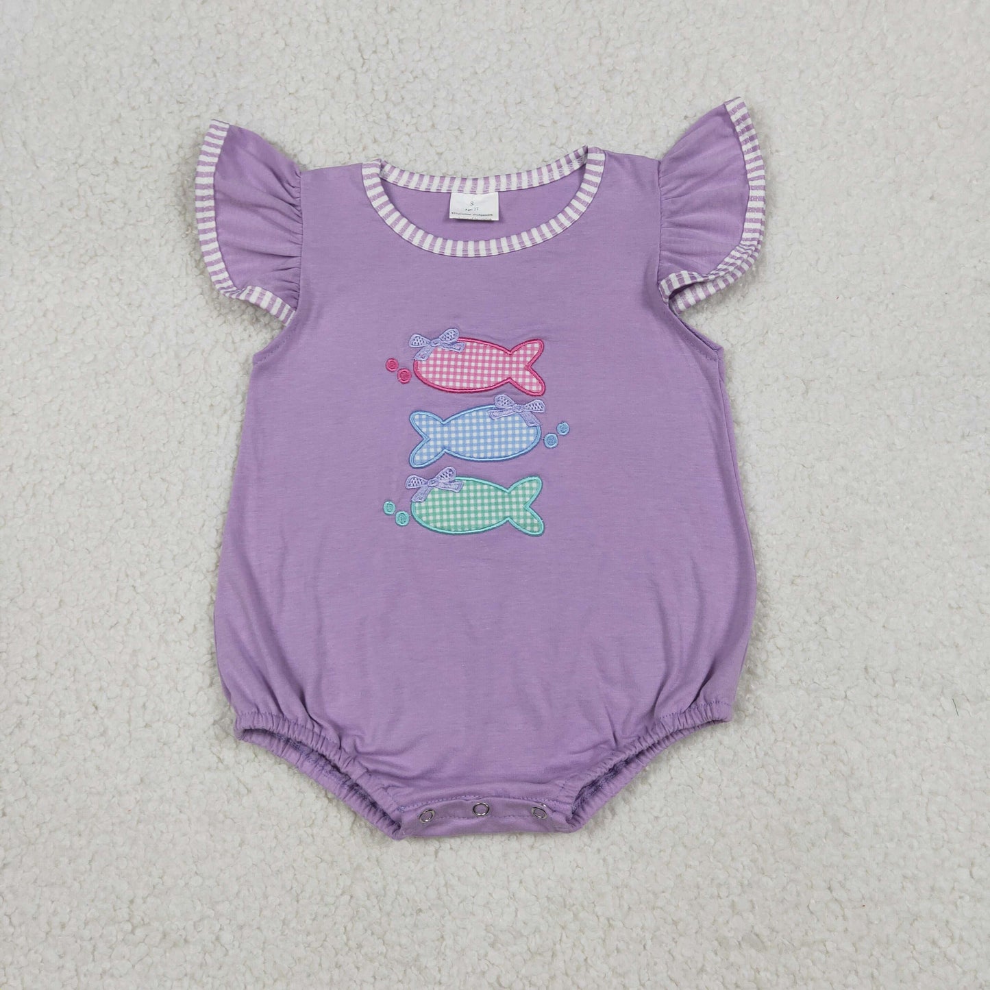 Baby Girls Kids Short Sleeves Embroidery Fish Bows Purple Bubble Romper