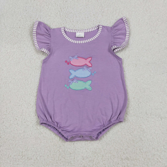 Baby Girls Kids Short Sleeves Embroidery Fish Bows Purple Bubble Romper