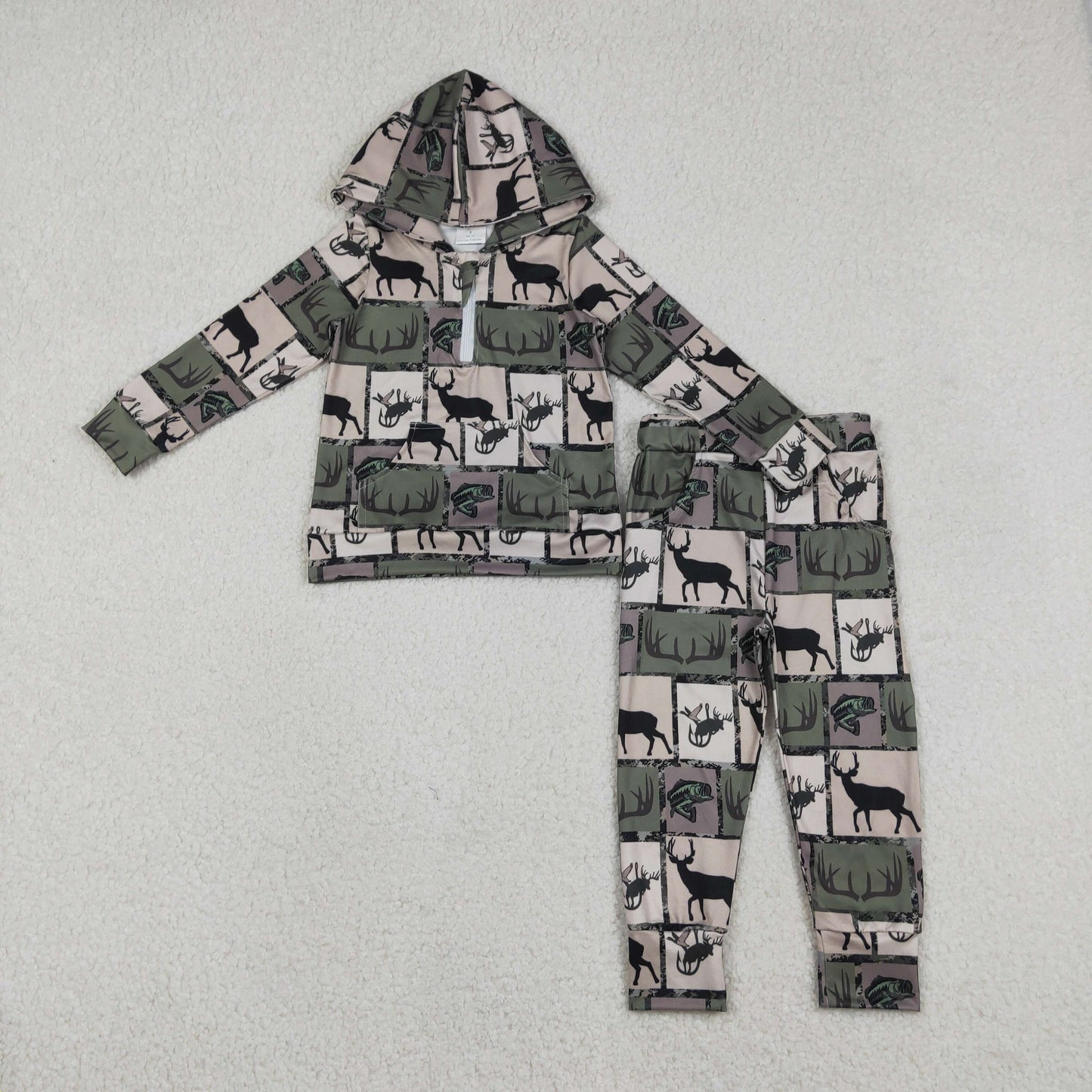 Baby Boys Long Sleeves Deer Fish Hoodie Shirt Pockets Pants Hunting Clothes Set