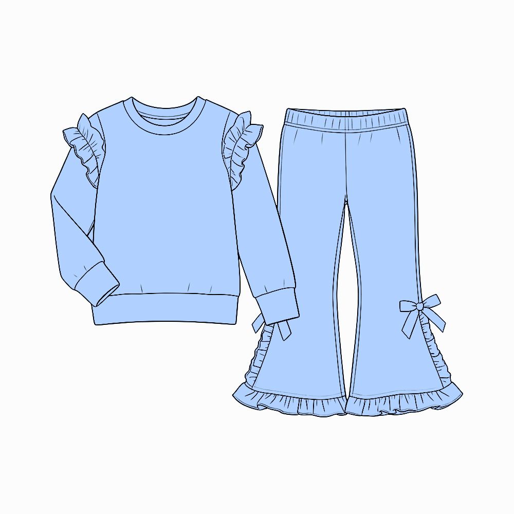 Moq 5 Preorder Baby Girls Kids Long Sleeves Shirt Bows Ruffle Pants Cotton Set Blue Clothes