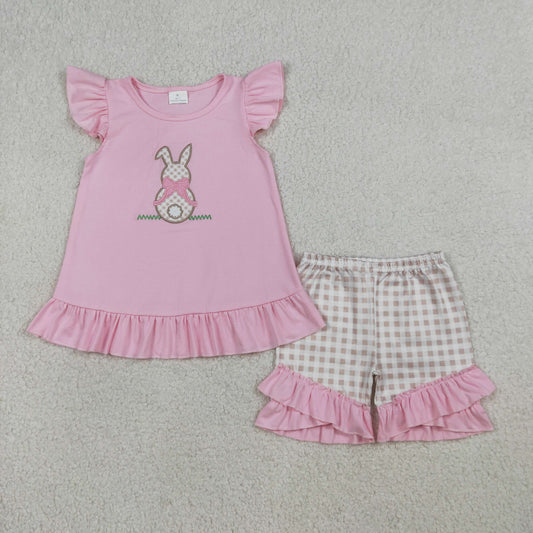 RTS Sibling Baby Boys Girls Short Sleeves Embroidery Rabbit Tops Plaid Shorts Easter Sets