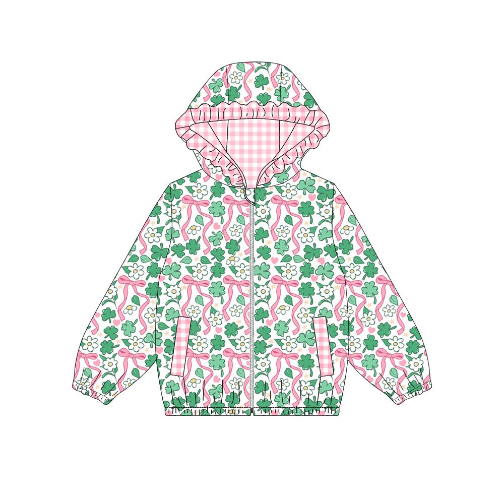 Moq 5 Preorder Baby Girl Kids Clovers Bows Flower Pockets Zipper Hoodie Jacket St Patrick Tops
