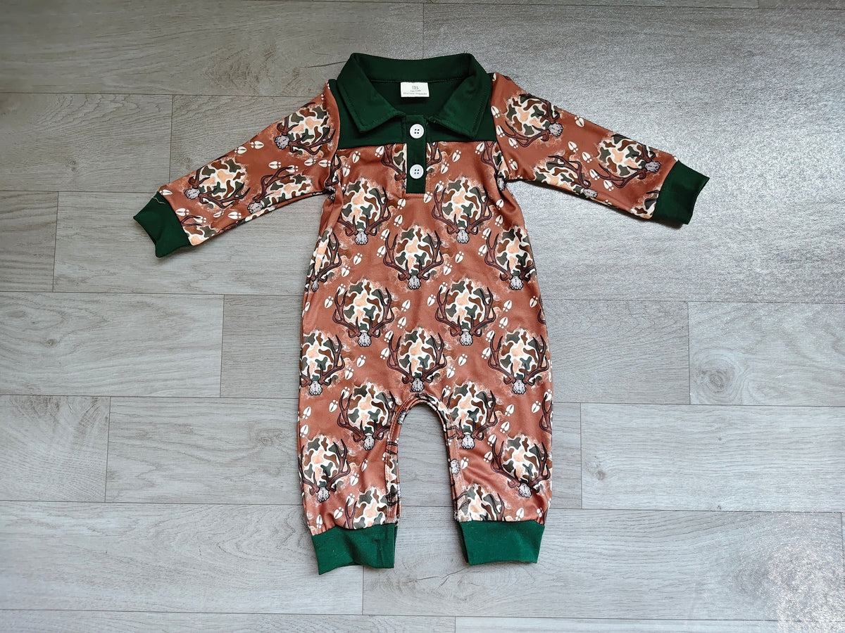 No moq Preorder Baby Boys Infant Long Sleeves Deer Camo Buttons Romper Clothes